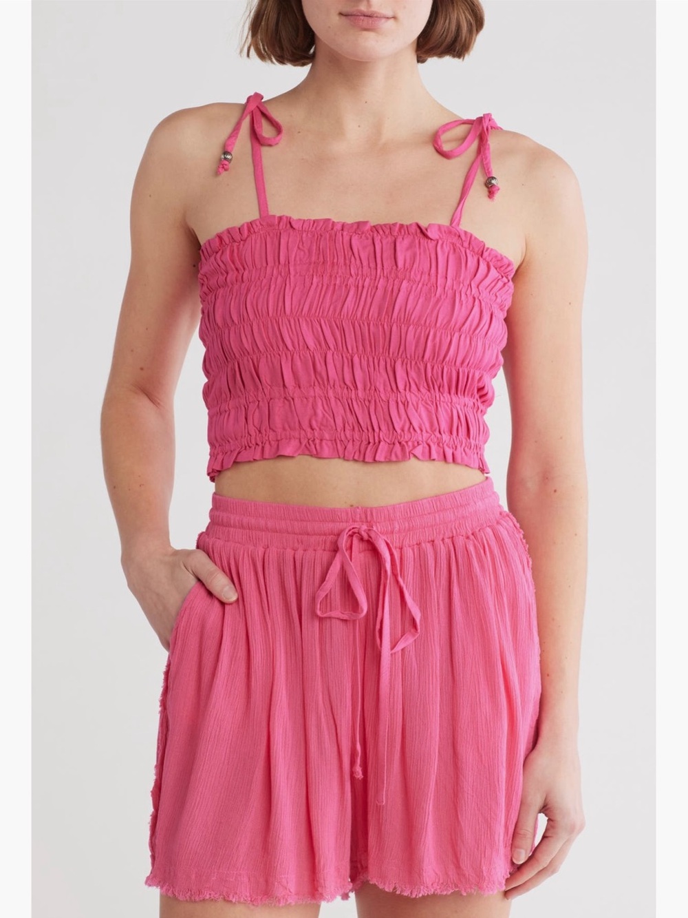 Elan NWT Hot Pink Smocked Tie-Strap Crop Camisole